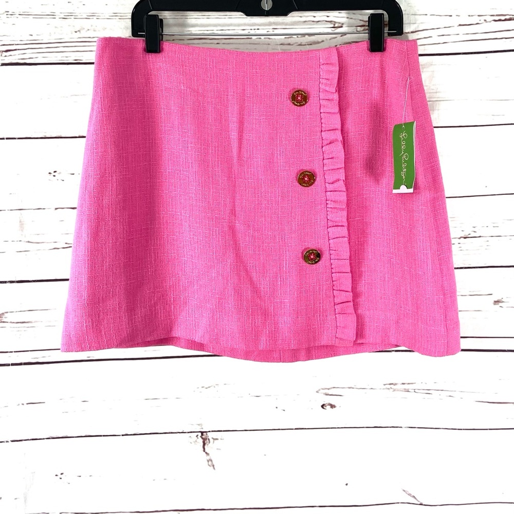Lilly‎ Pulitzer Skirt Women’s 10 Pink Hayes Skirt Twill Linen Blend Ruffles